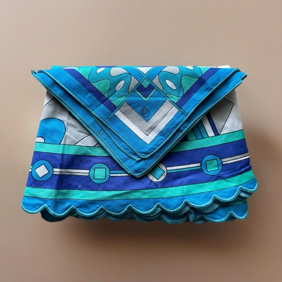 Vintage Emilio Pucci Blue Mod Mid Century Round Tablecloth & 3 Napkins Set Rare - Picture 11 of 14